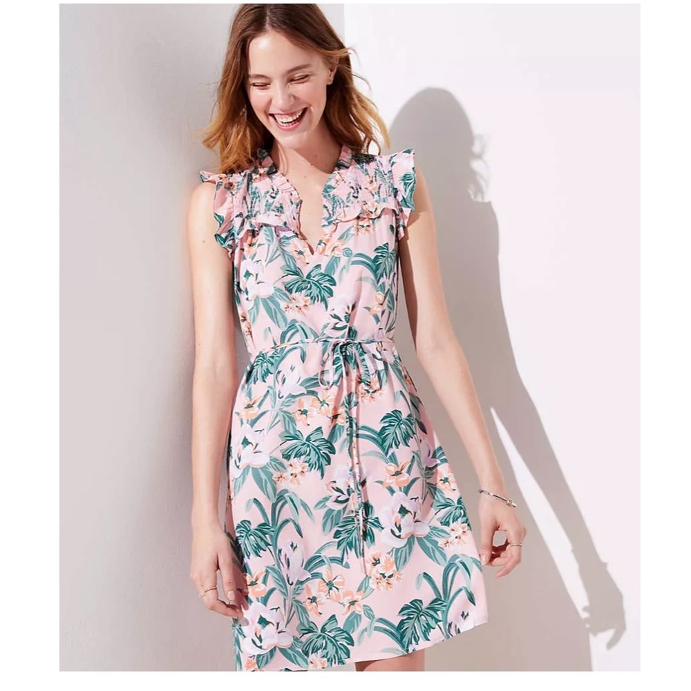 Loft Women's Petite Pink Tropical Floral Lily Ruffle Tie Waist Dress Size S